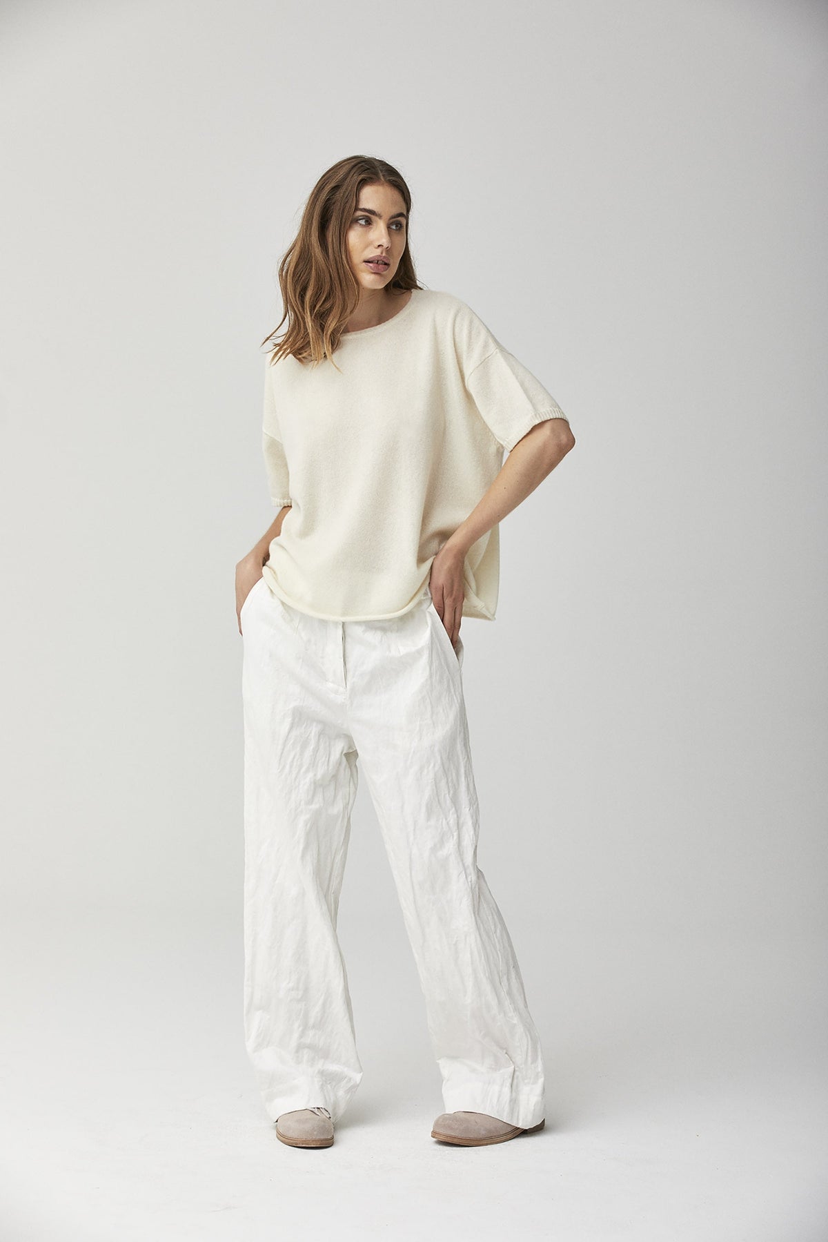 White Literary Style Wide-Leg Trousers
