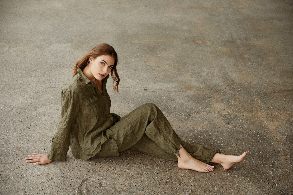 Olive Green Cotton Linen Utility Belted Jacket Short Trench Coat