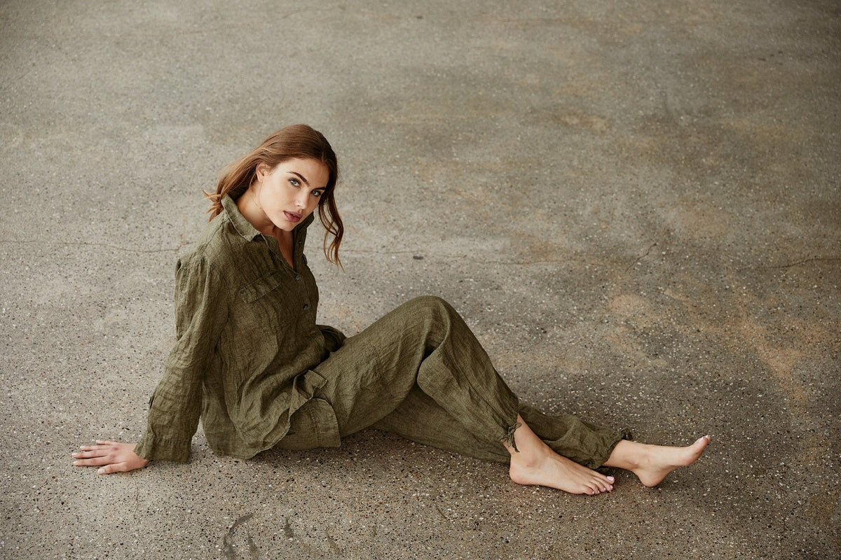 Olive Green Cotton Linen Utility Belted Jacket Short Trench Coat