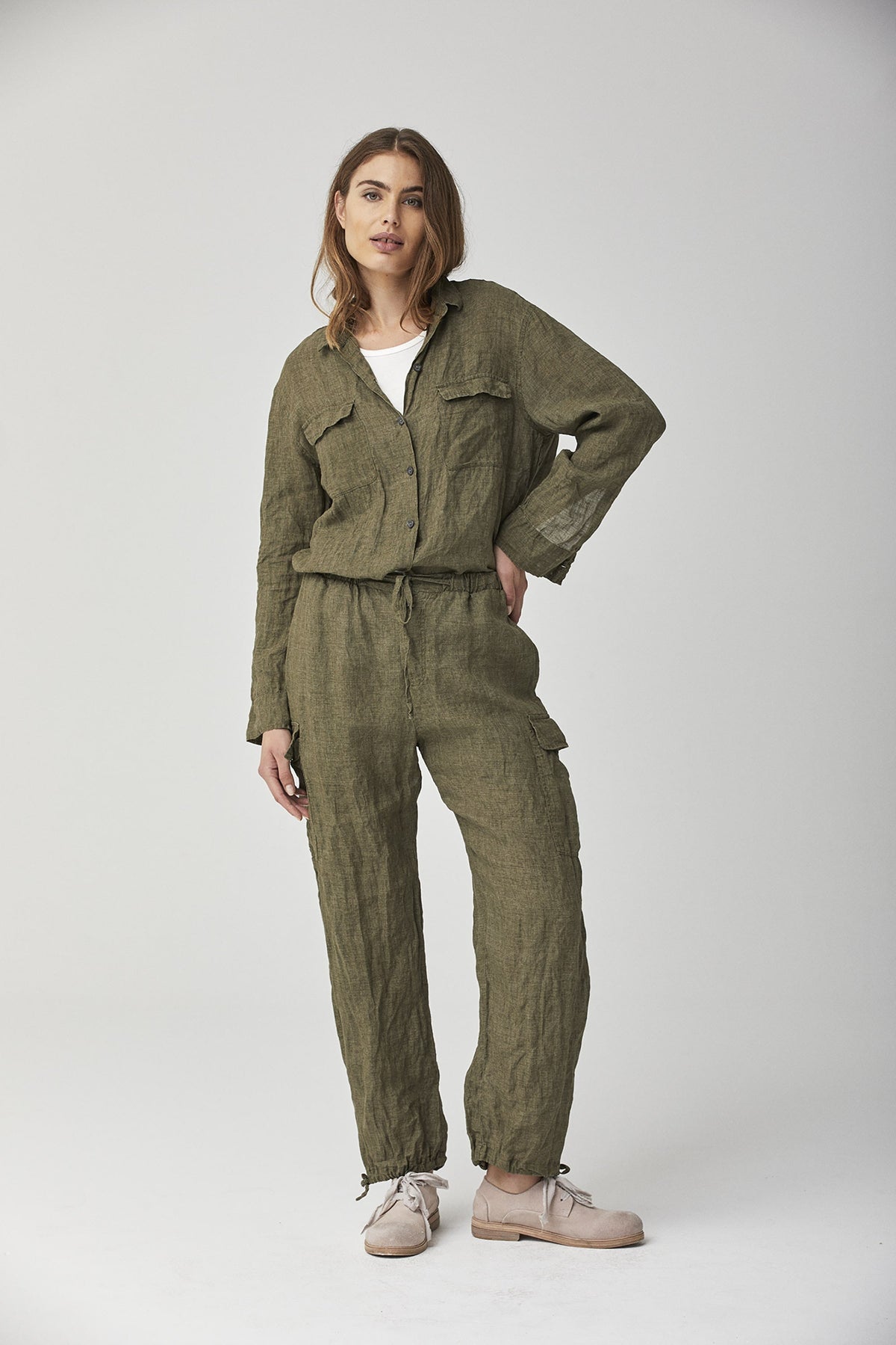 Olive Green Cotton Linen Utility Belted Jacket Short Trench Coat