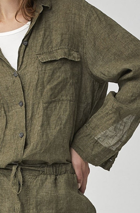 Olive Green Cotton Linen Utility Belted Jacket Short Trench Coat