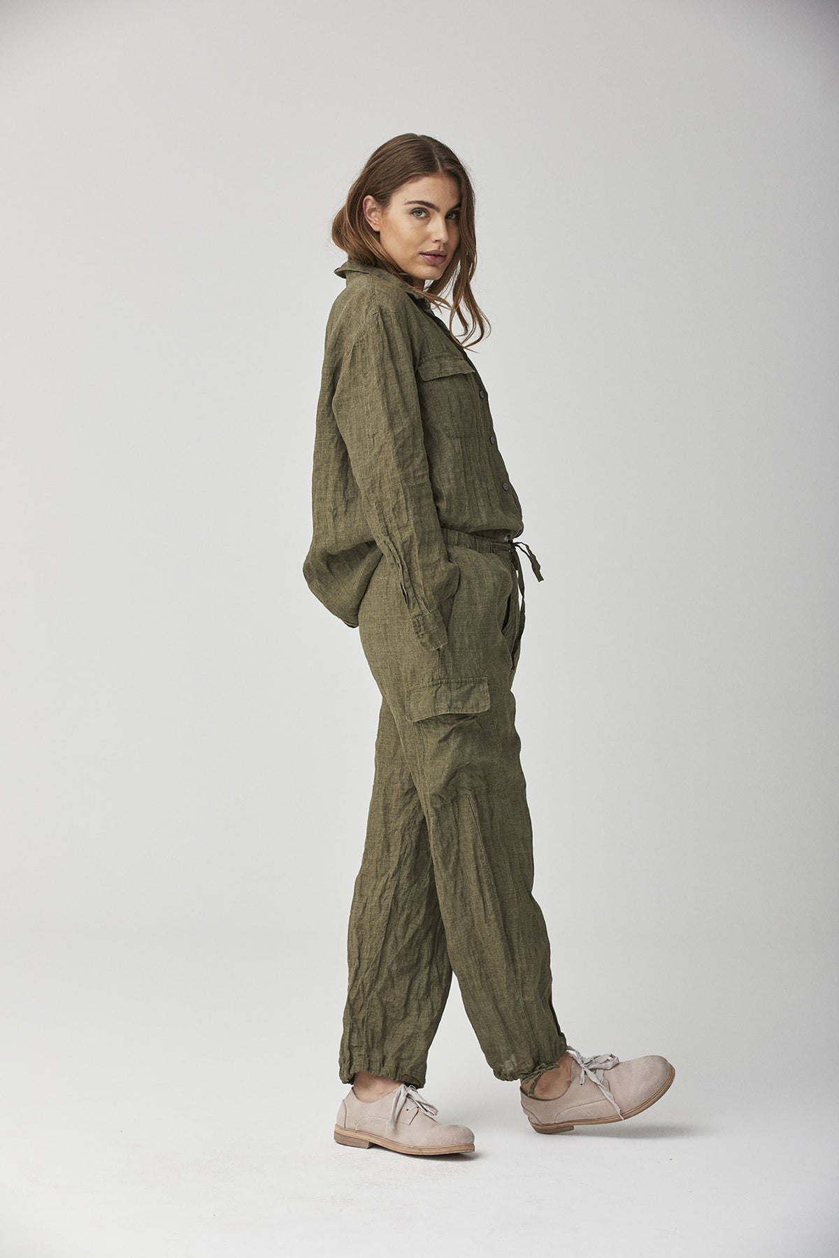 Olive Green Cotton Linen Utility Belted Jacket Short Trench Coat