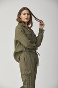 Olive Green Cotton Linen Utility Belted Jacket Short Trench Coat