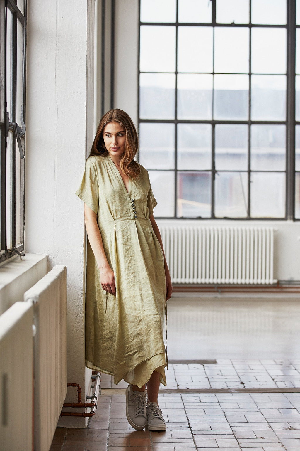 Elegant Olive Green V - Neck Short - Sleeve Asymmetrical Linen Dress