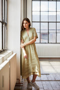 Elegant Olive Green V - Neck Short - Sleeve Asymmetrical Linen Dress