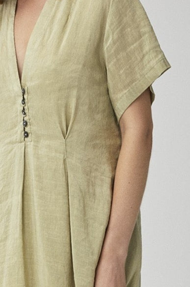 Elegant Olive Green V - Neck Short - Sleeve Asymmetrical Linen Dress