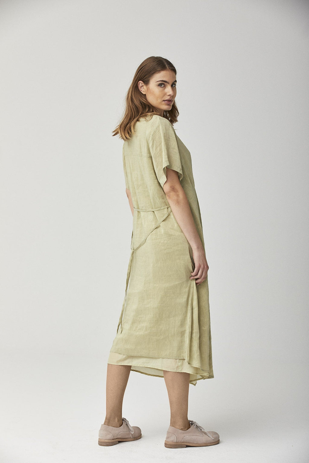 Elegant Olive Green V - Neck Short - Sleeve Asymmetrical Linen Dress
