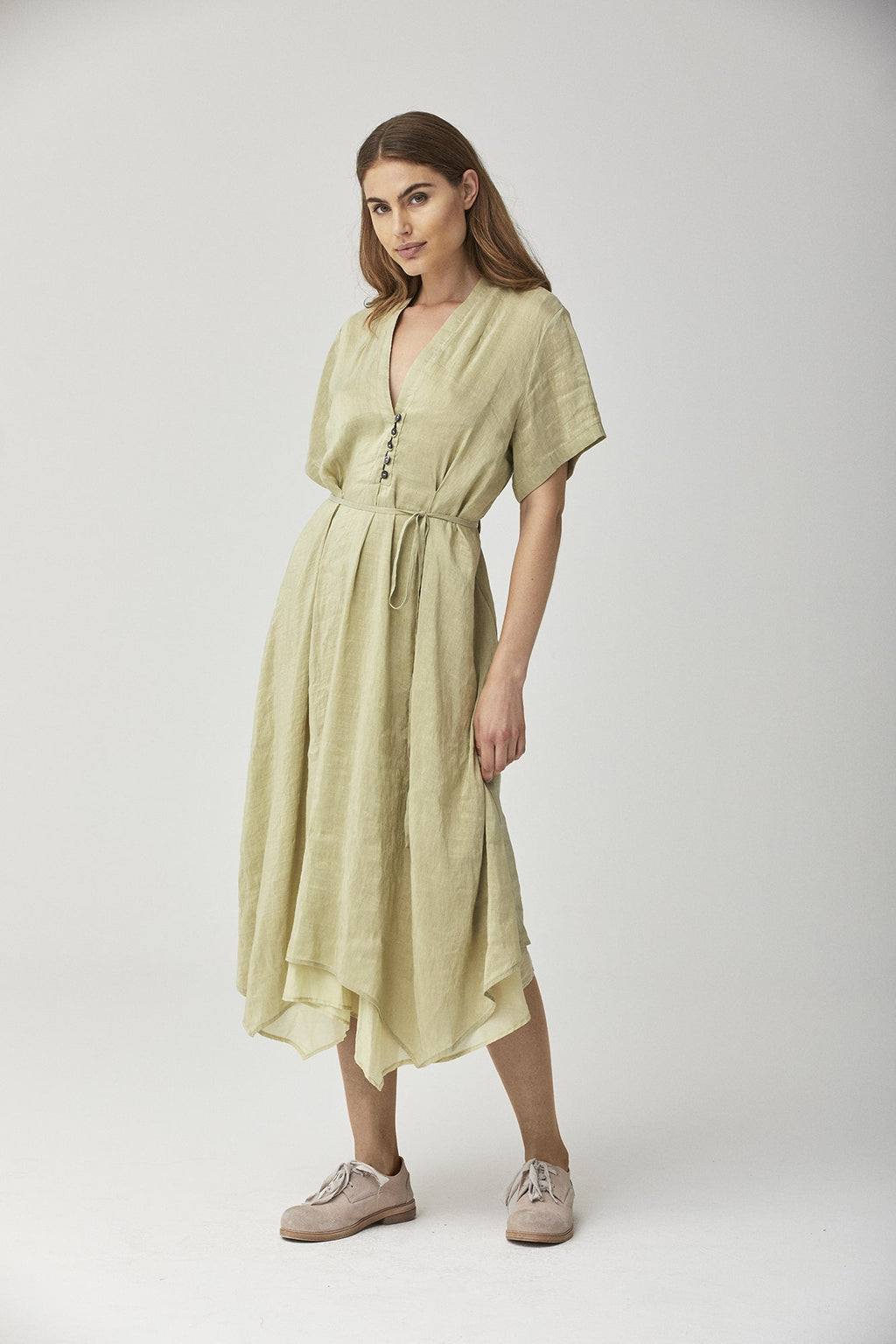 Elegant Olive Green V - Neck Short - Sleeve Asymmetrical Linen Dress