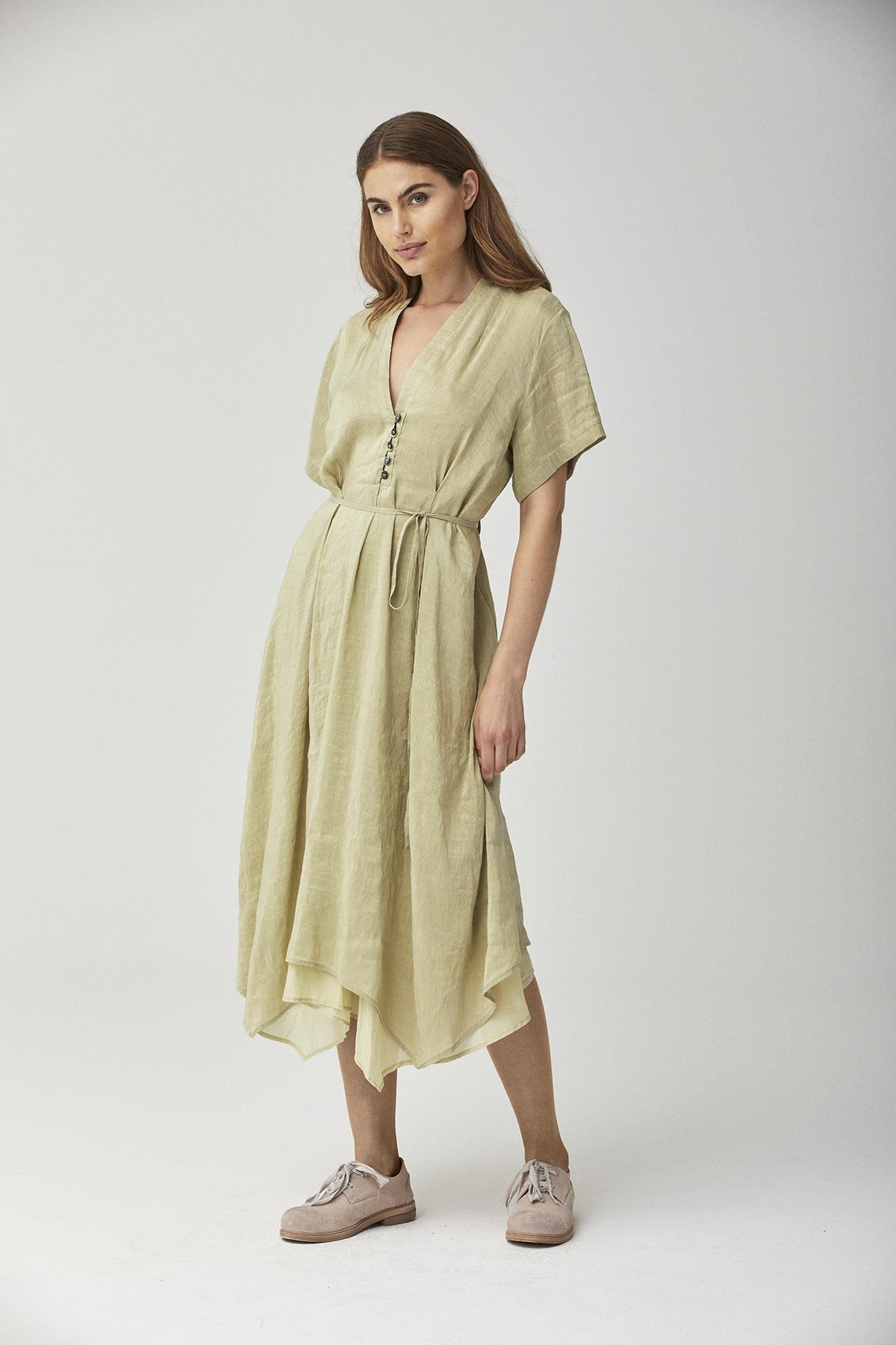 Elegant Olive Green V - Neck Short - Sleeve Asymmetrical Linen Dress