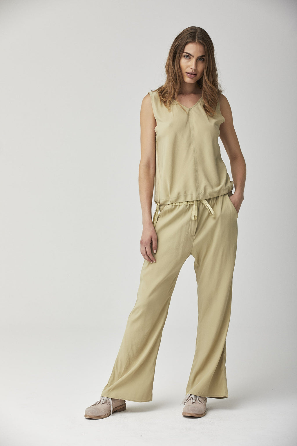 Beige Wide - Leg Drawstring Casual Trousers