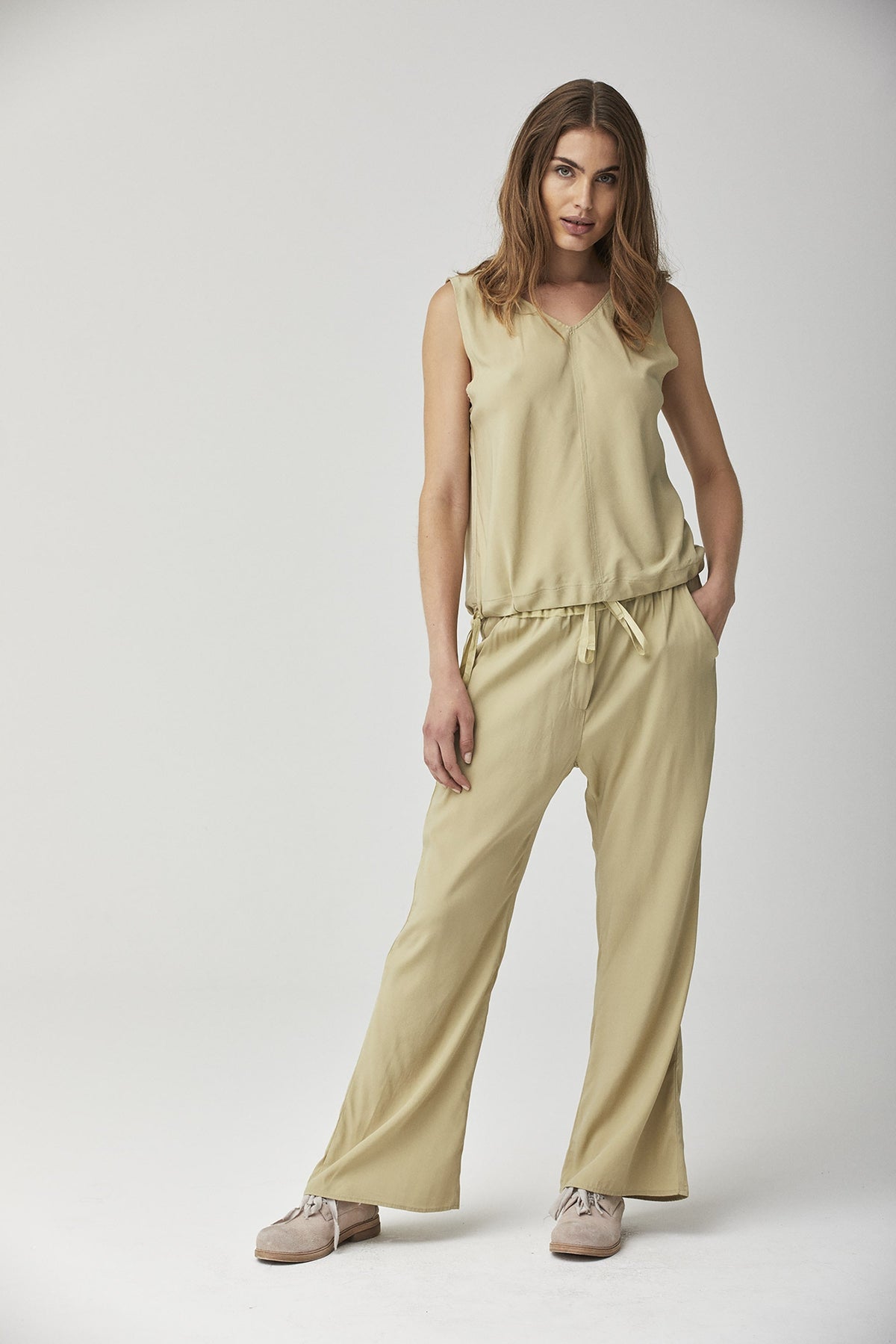 Beige Wide - Leg Drawstring Casual Trousers