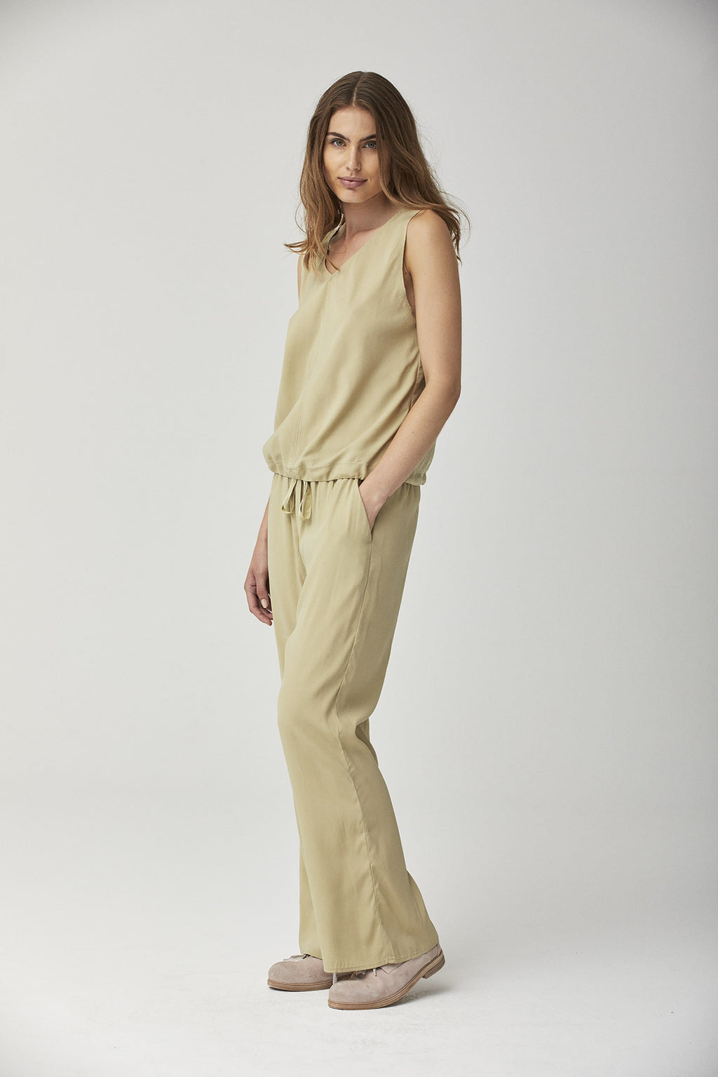 Beige Wide - Leg Drawstring Casual Trousers
