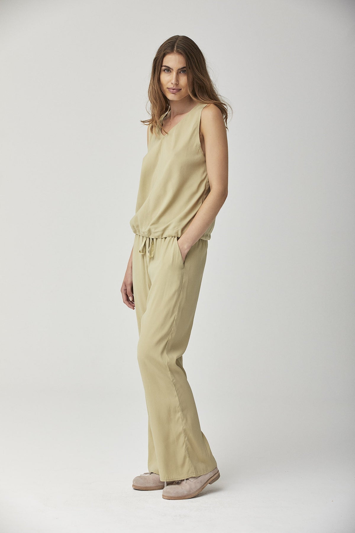 Beige Wide - Leg Drawstring Casual Trousers