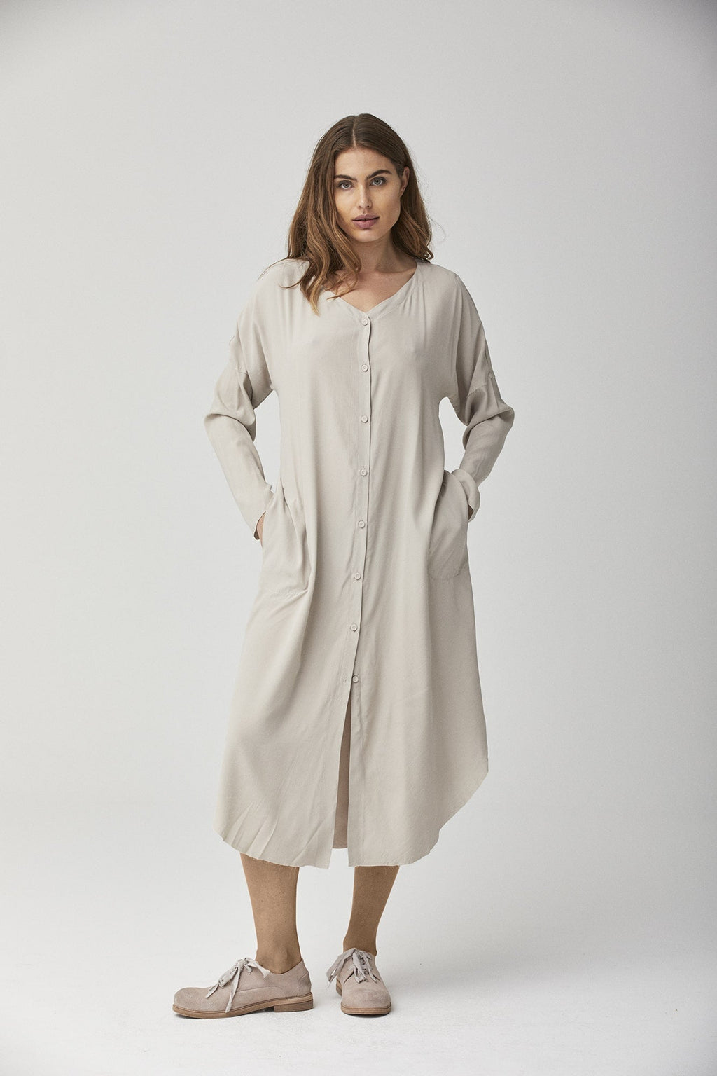 Beige Casual Loose Long - Sleeved Dress