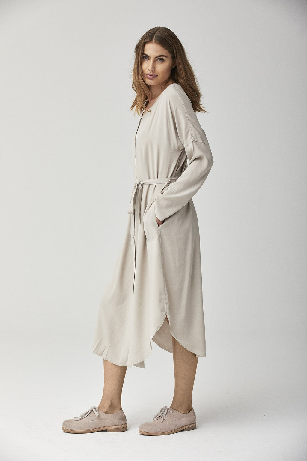 Beige Casual Loose Long - Sleeved Dress