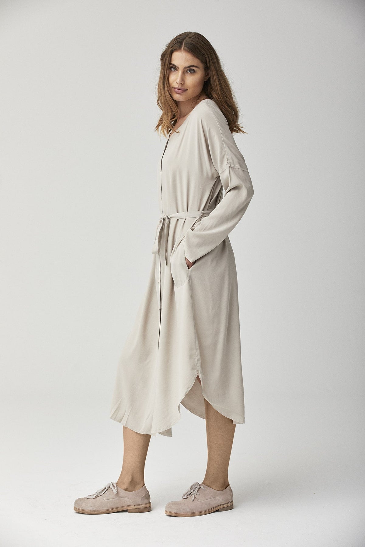 Beige Casual Loose Long - Sleeved Dress