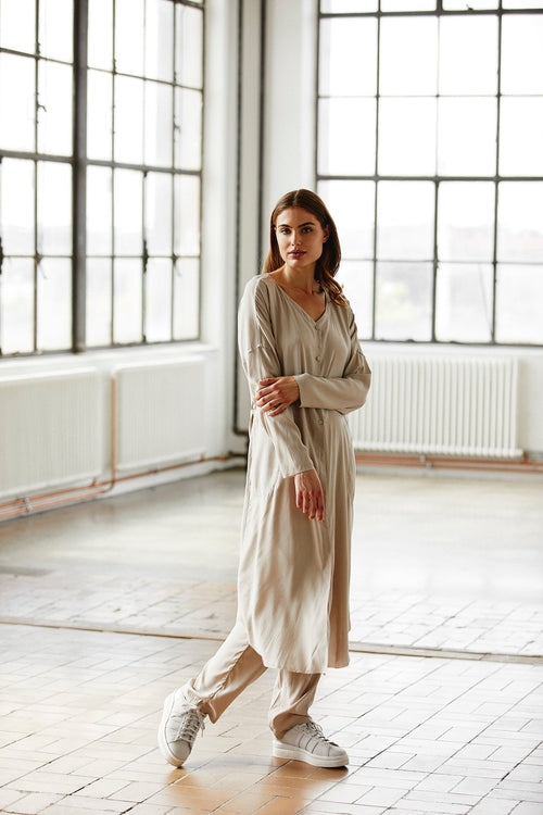 Beige Casual Loose Long - Sleeved Dress