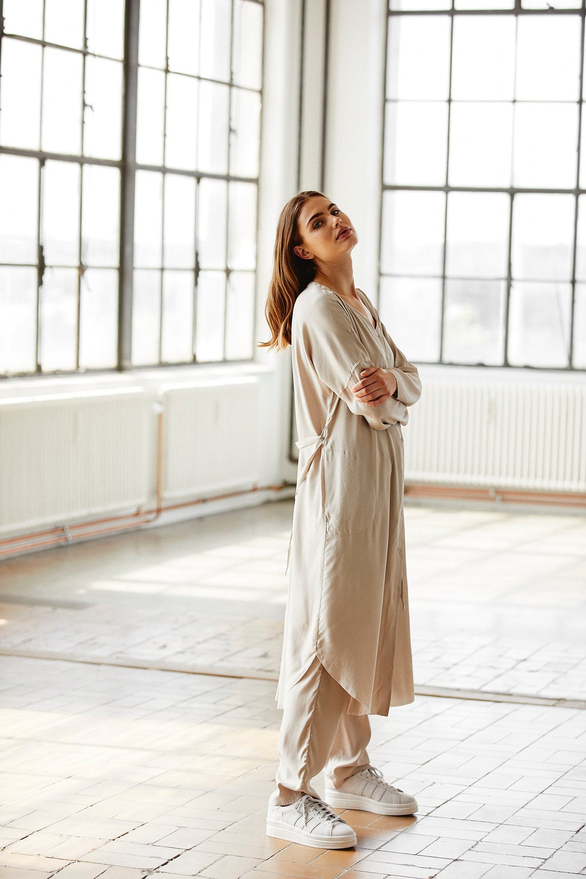 Beige Casual Loose Long - Sleeved Dress