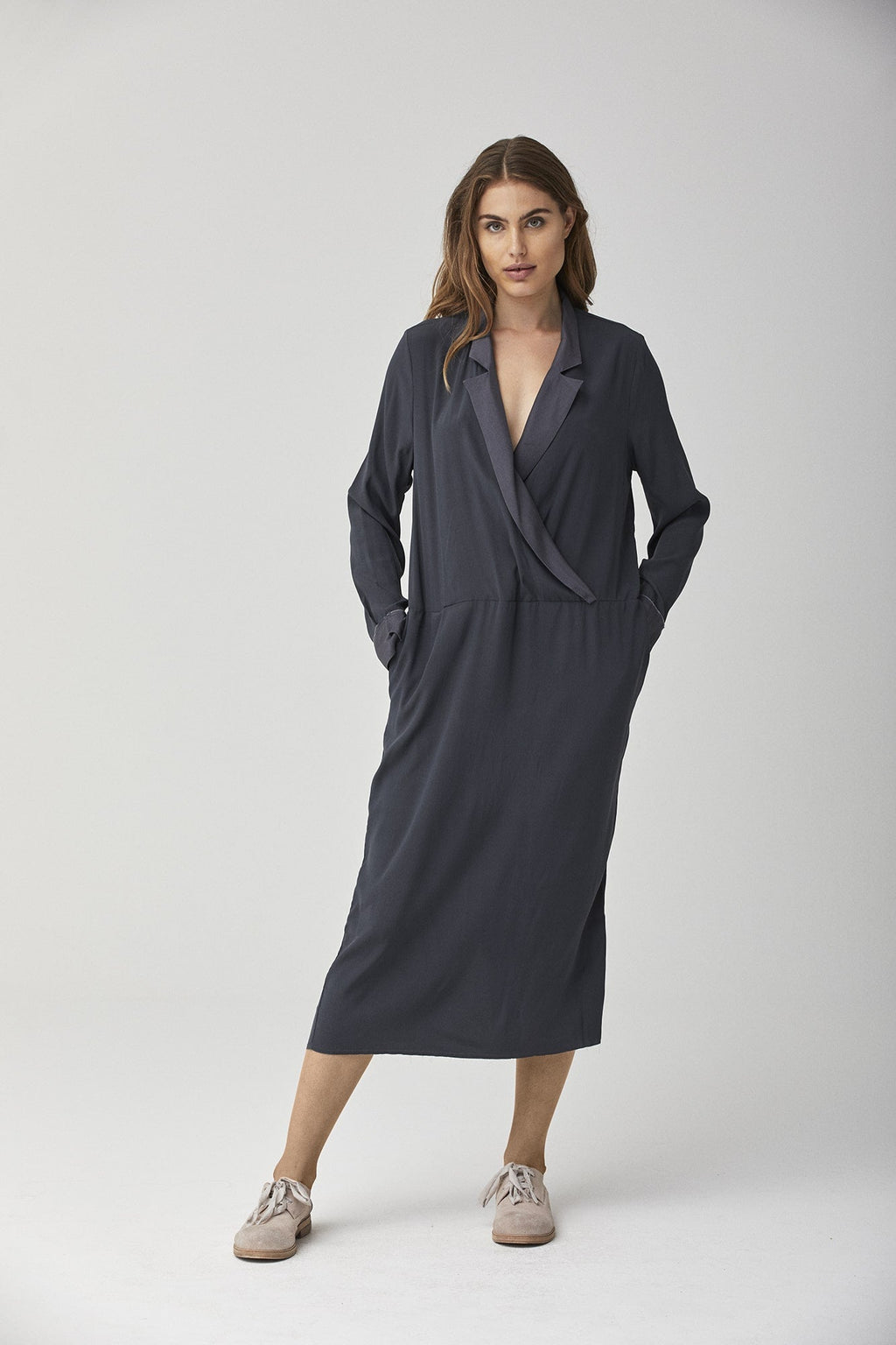 Dark Blue Long - Sleeved Cross - Neck Mid - Length Dress