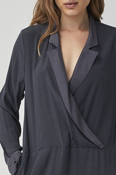 Dark Blue Long - Sleeved Cross - Neck Mid - Length Dress