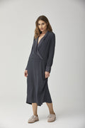 Dark Blue Long - Sleeved Cross - Neck Mid - Length Dress