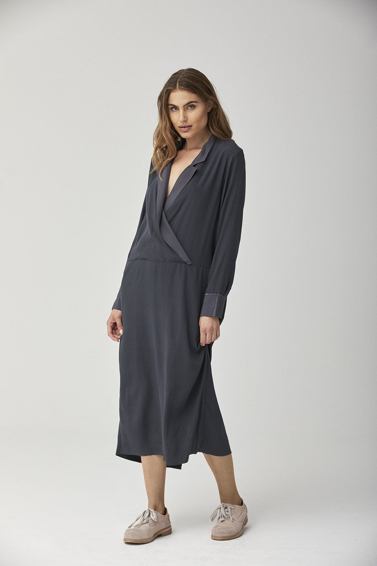 Dark Blue Long - Sleeved Cross - Neck Mid - Length Dress