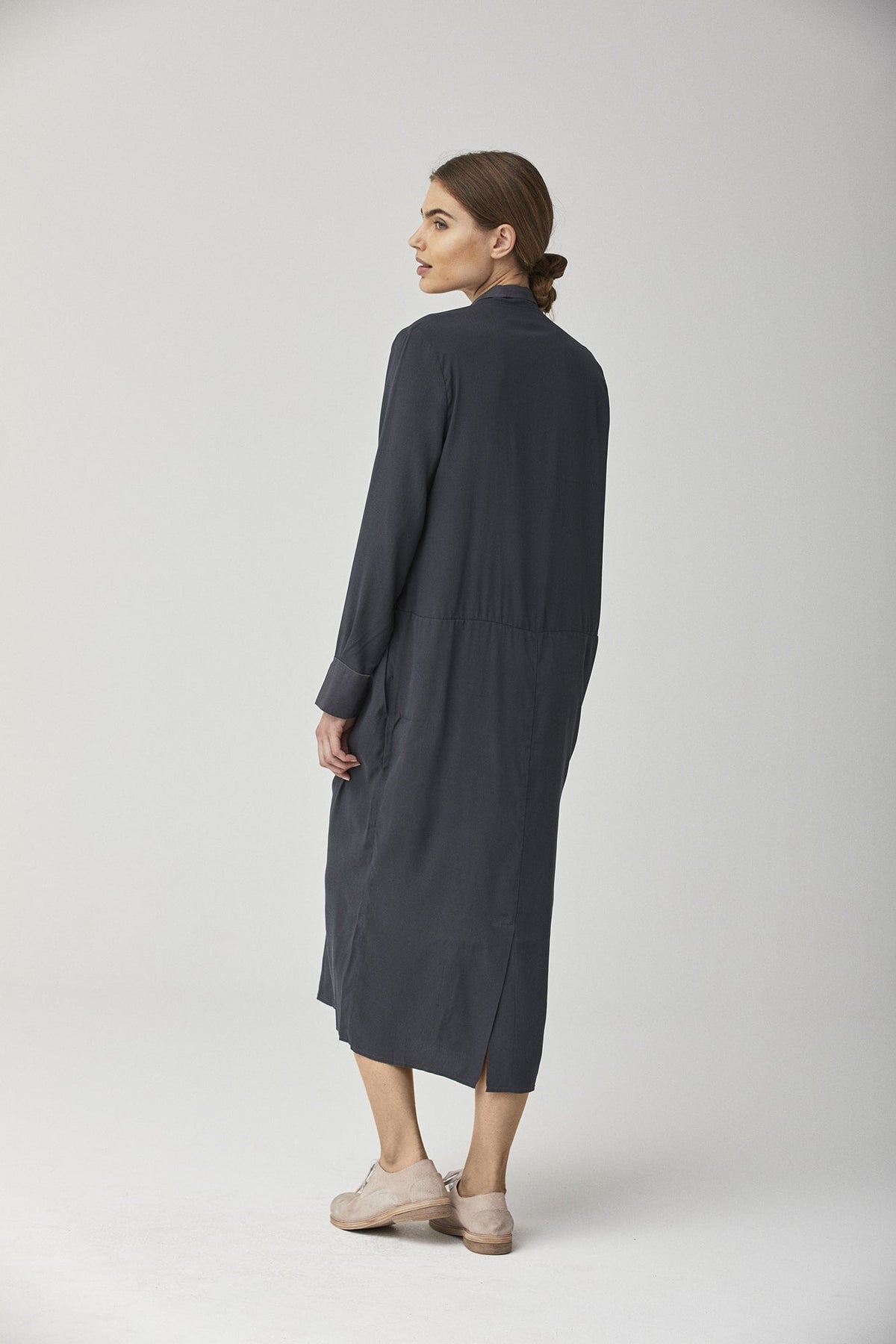 Dark Blue Long - Sleeved Cross - Neck Mid - Length Dress