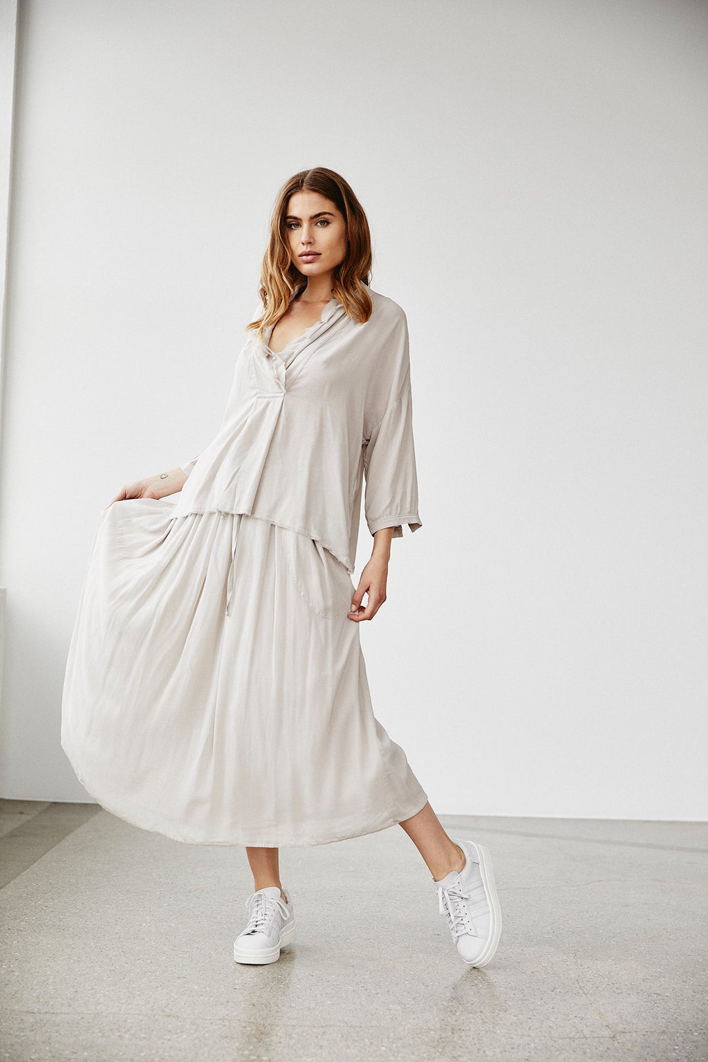 Simple Style Light Beige Mid - Sleeved Long Dress