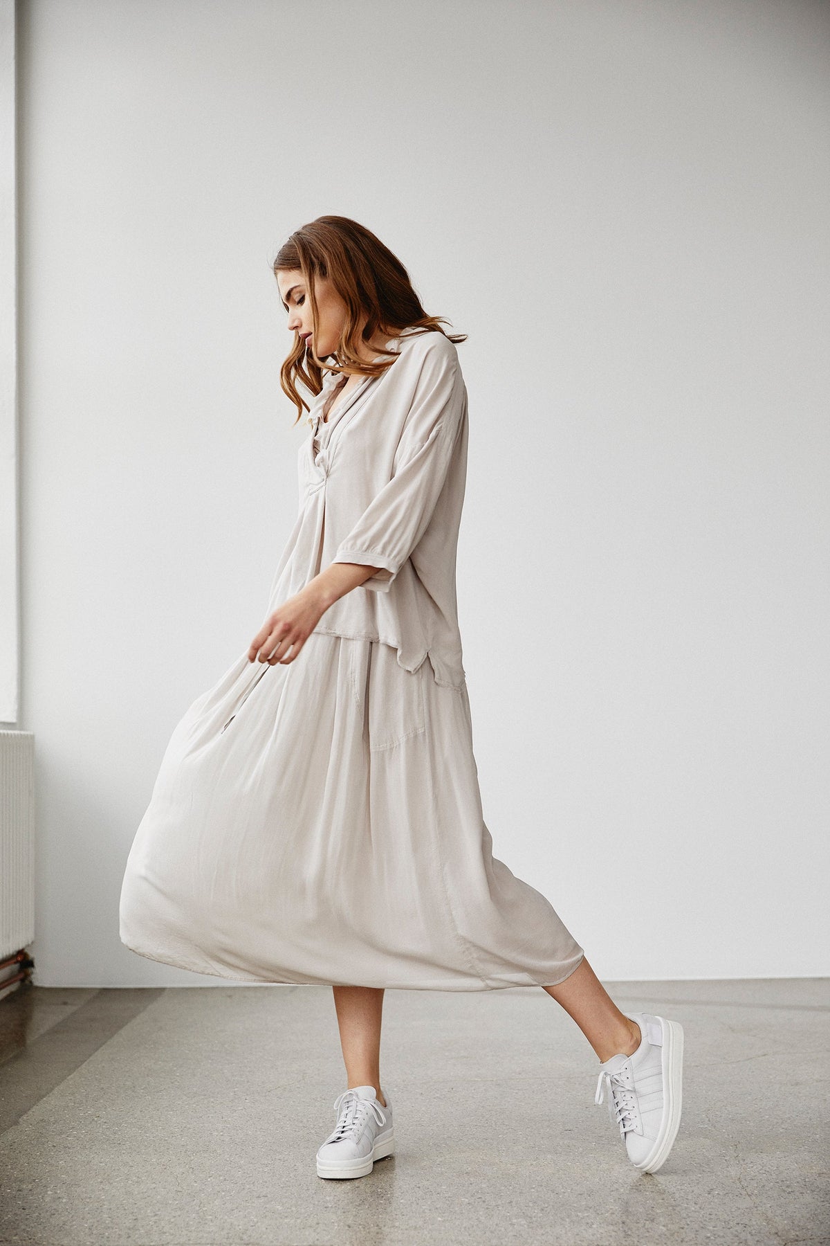 Simple Style Light Beige Mid - Sleeved Long Dress