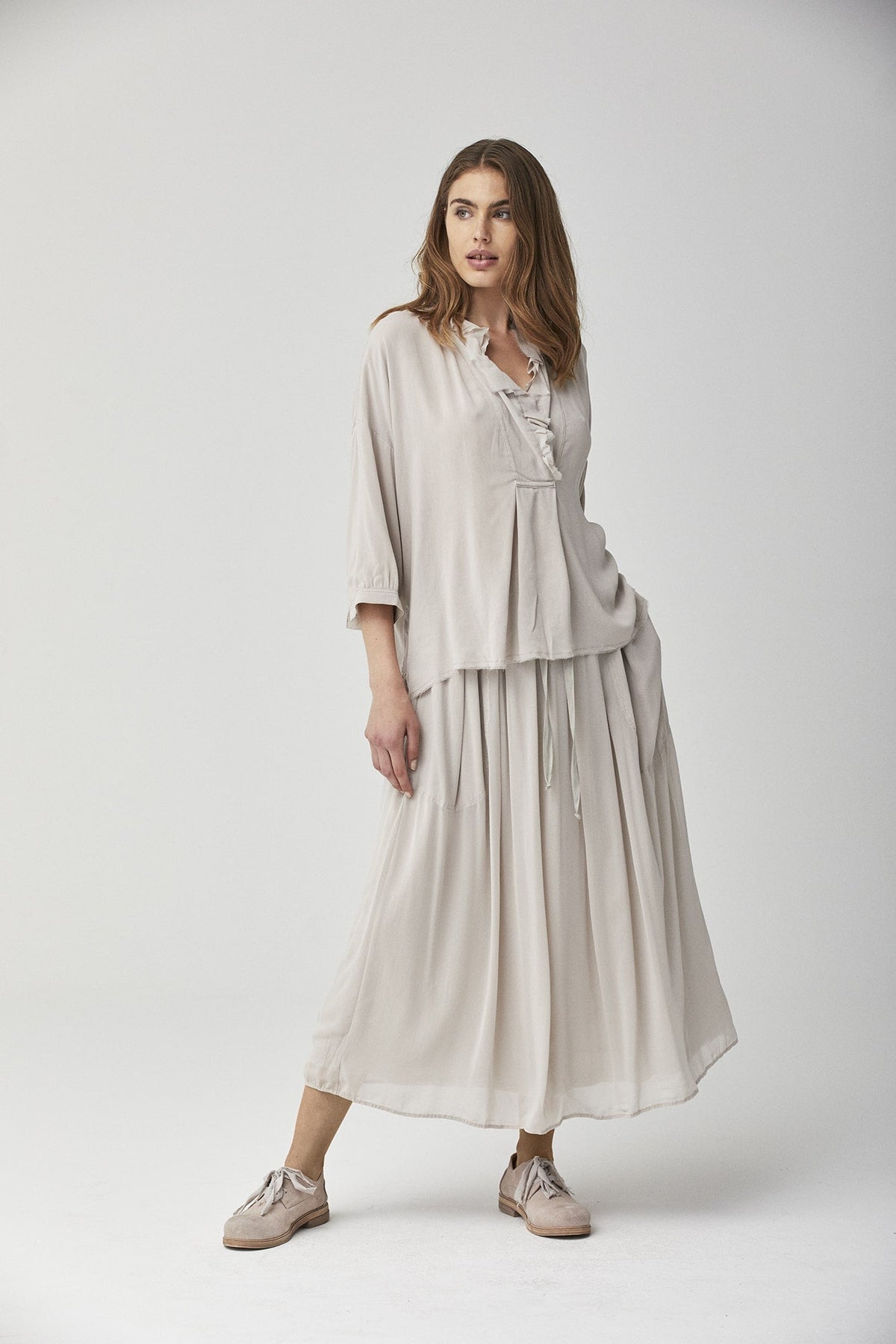 Simple Style Light Beige Mid - Sleeved Long Dress