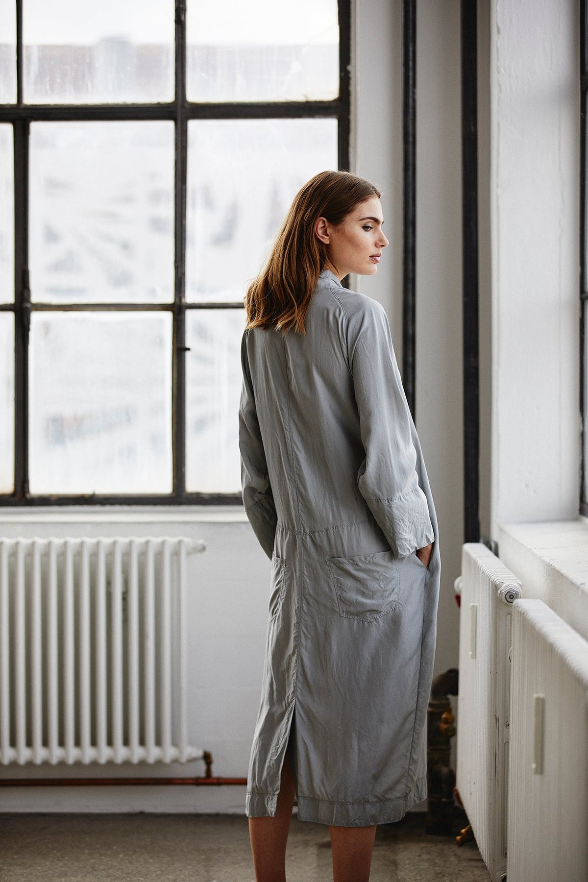 Relaxed Fit Light Gray Long - sleeve Shirt Dress