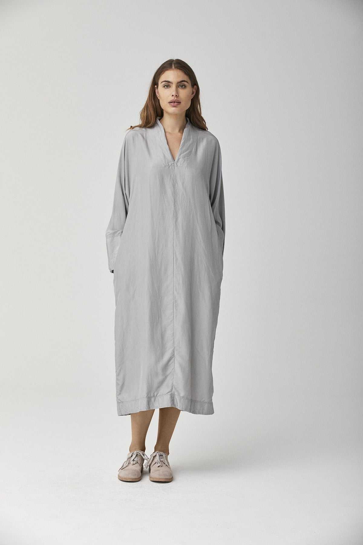 Relaxed Fit Light Gray Long - sleeve Shirt Dress
