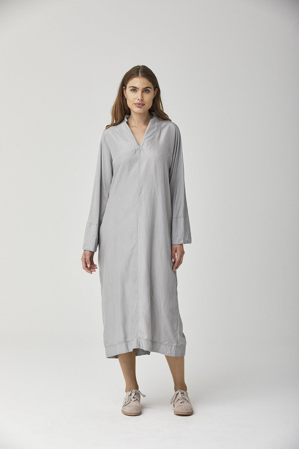 Relaxed Fit Light Gray Long - sleeve Shirt Dress