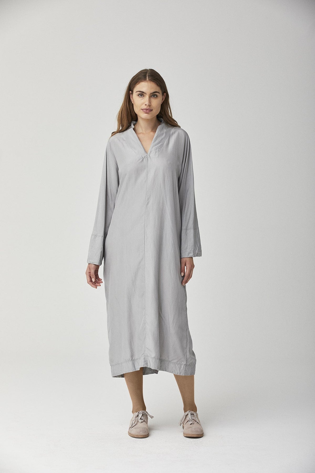 Relaxed Fit Light Gray Long - sleeve Shirt Dress