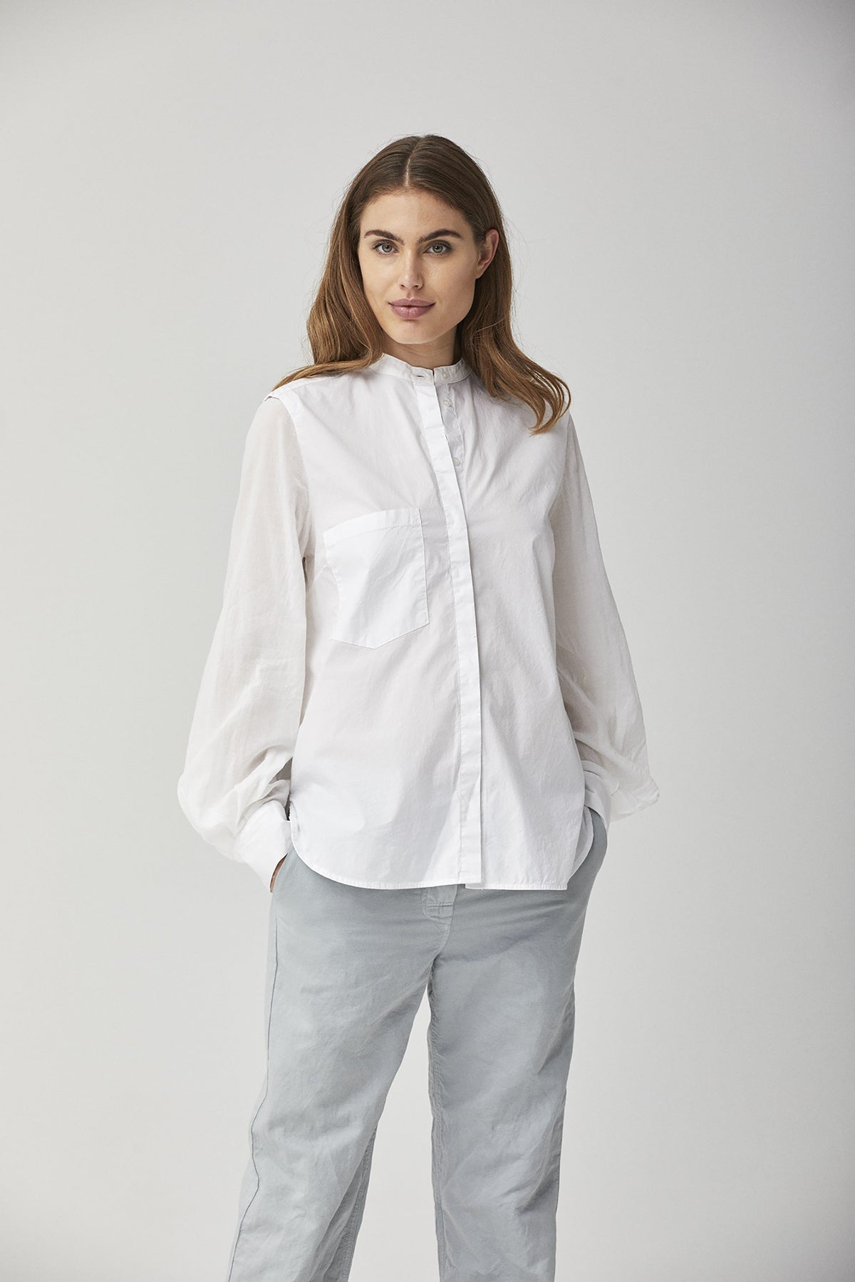 White Simple Stand Collar Long Sleeve Cotton Shirt