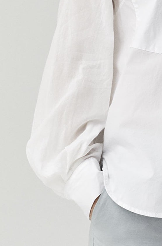 White Simple Stand Collar Long Sleeve Cotton Shirt