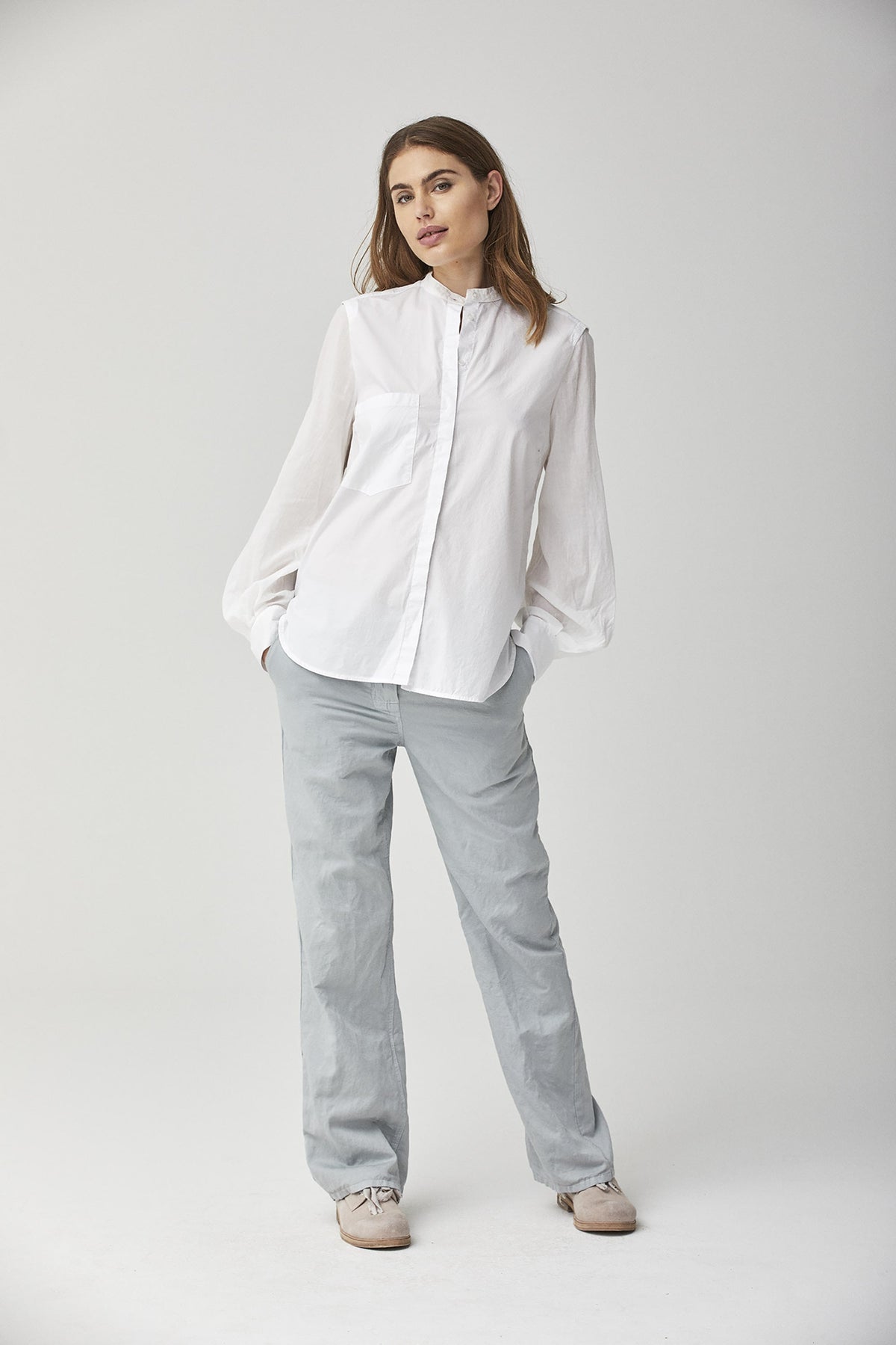 White Simple Stand Collar Long Sleeve Cotton Shirt