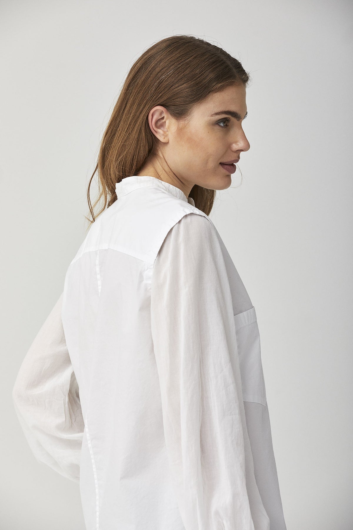 White Simple Stand Collar Long Sleeve Cotton Shirt
