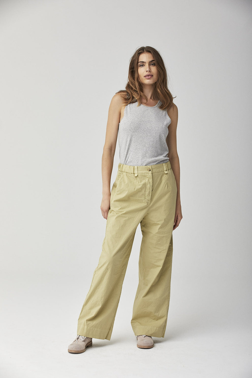 Khaki Cotton Casual Workwear Straight Wide-Leg Pants