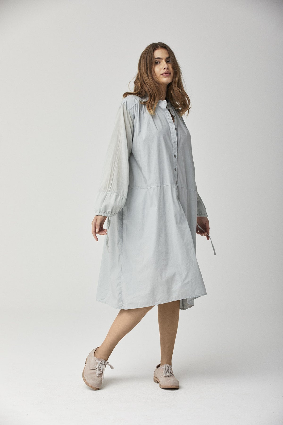 Simple Button-Neck Long-Sleeve Home Dress