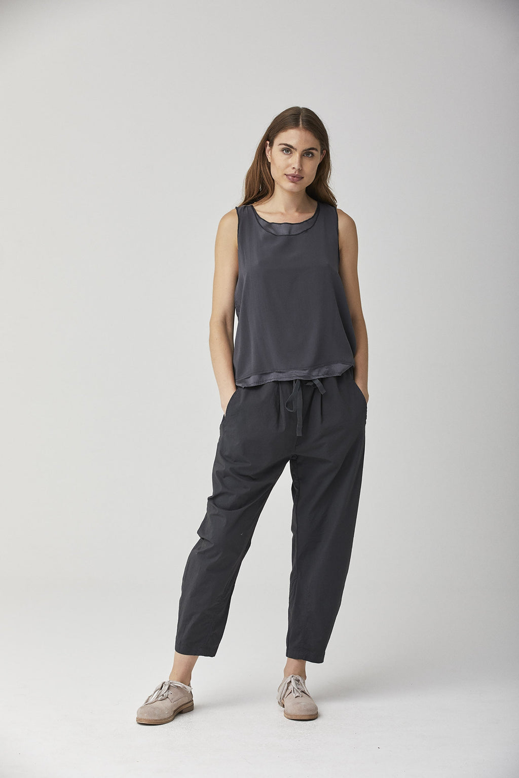 Sleeveless Tank Top with Pleated Neckline Design