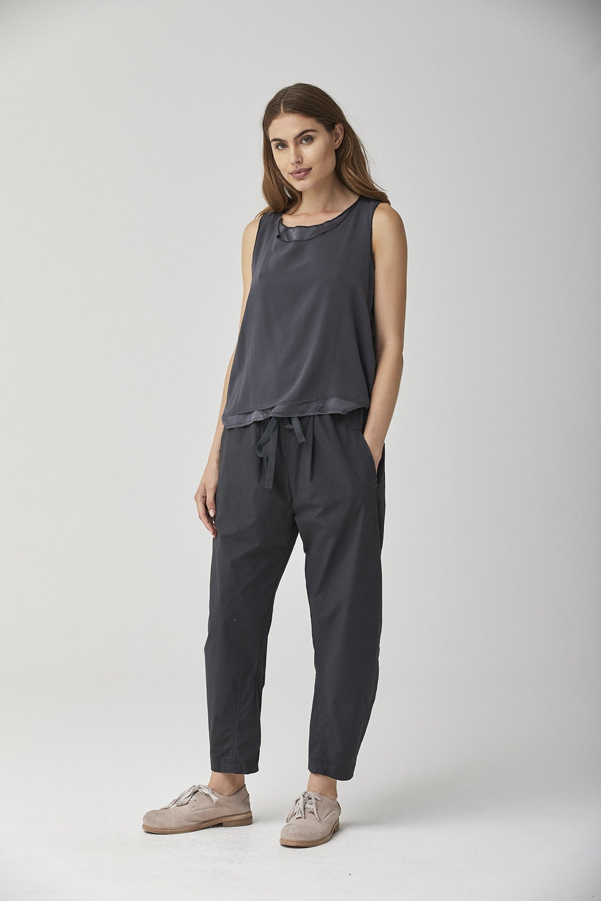 Sleeveless Tank Top with Pleated Neckline Design
