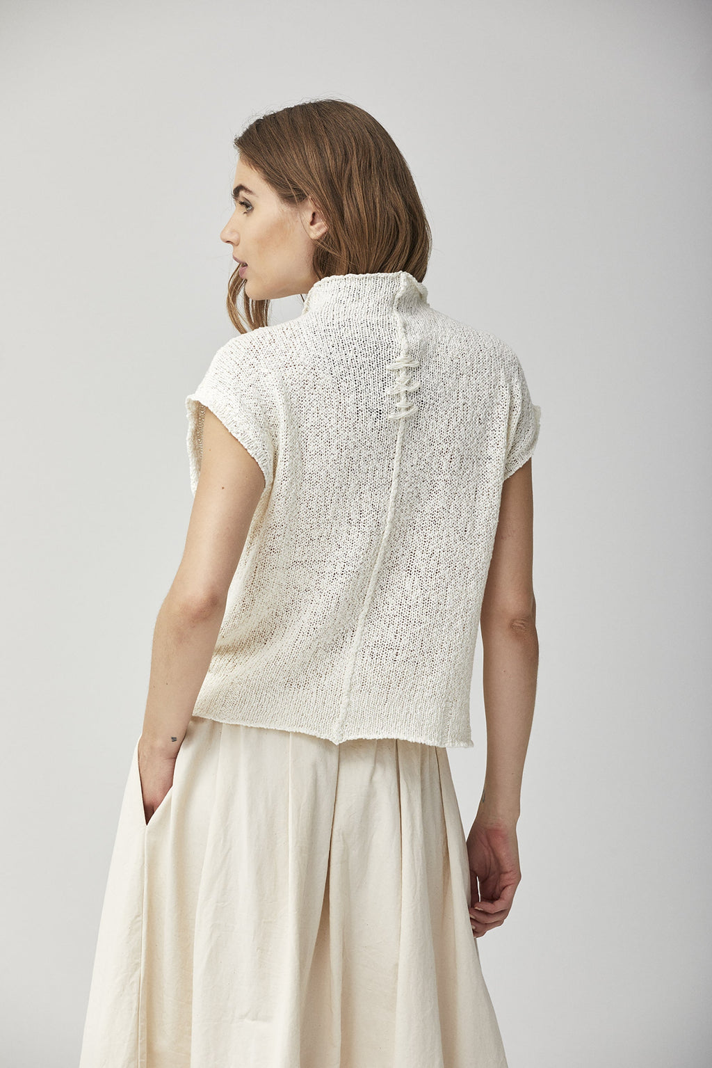 White Knit Sleeveless Top with Back Lacing and Cutout Detail