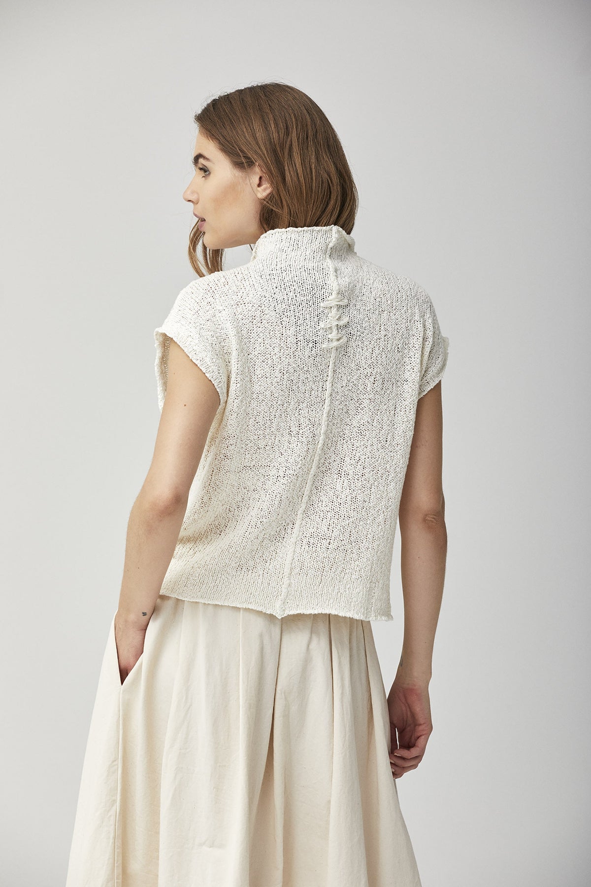 White Knit Sleeveless Top with Back Lacing and Cutout Detail