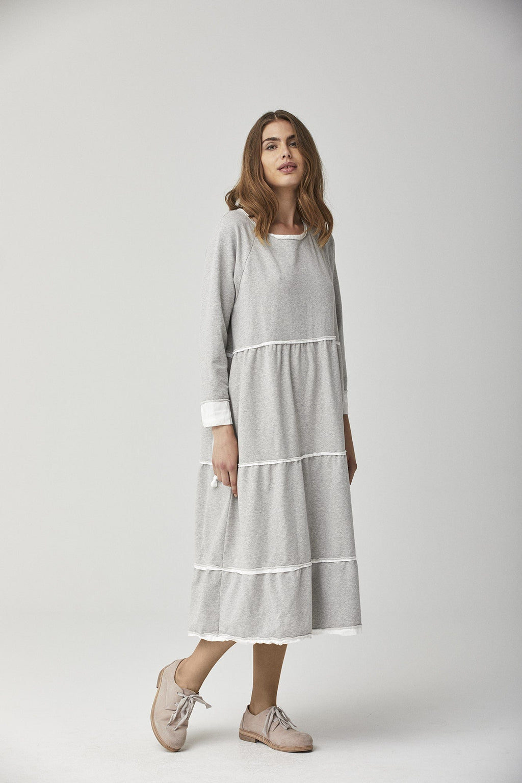 White Trim Grey Long - Sleeved Dress