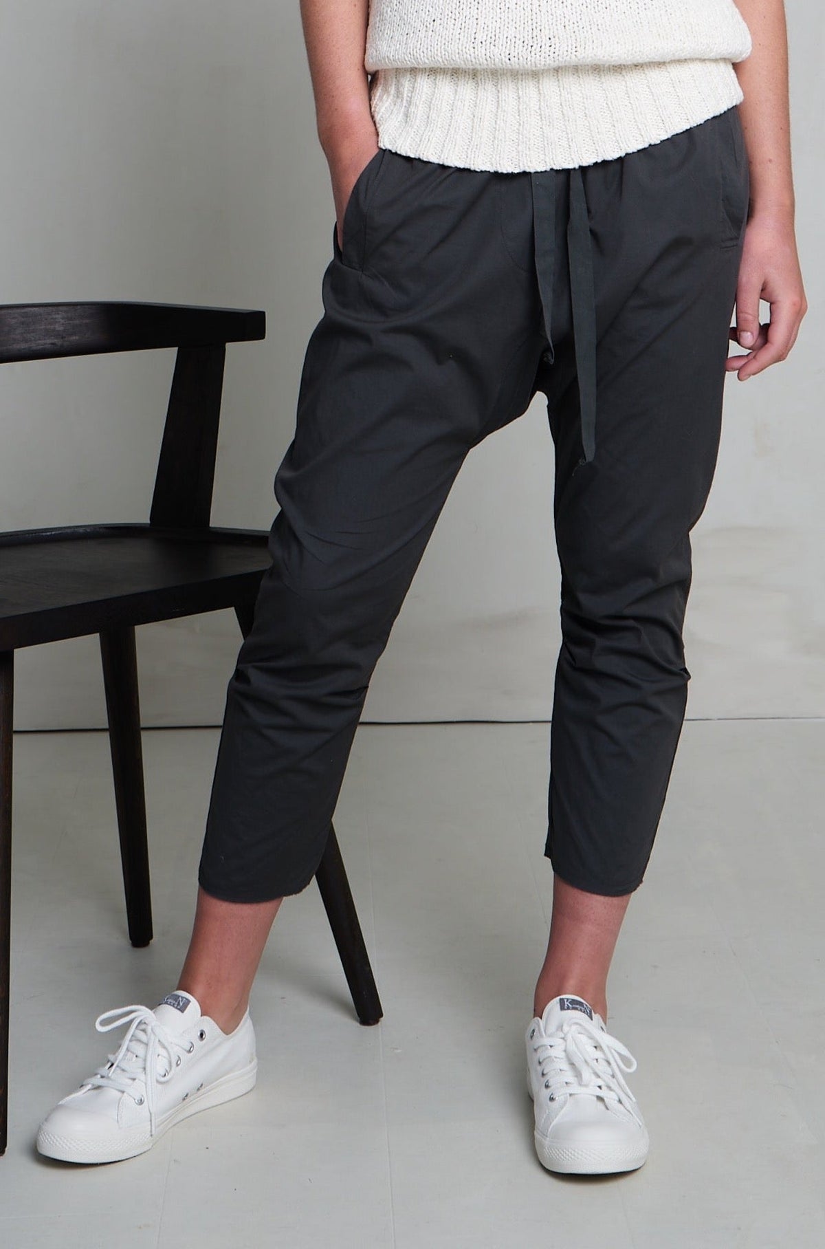 Black Tie-Waist Slim-Fit Mid-Calf Pants