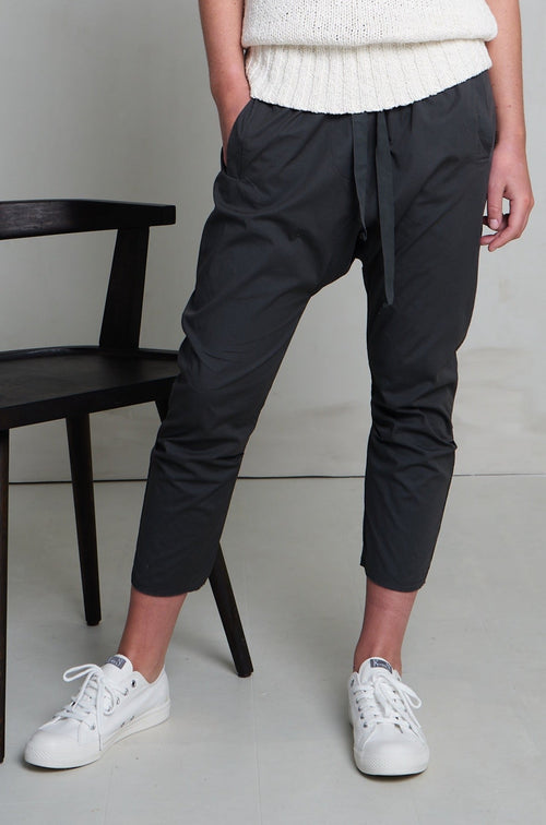 Black Tie-Waist Slim-Fit Mid-Calf Pants