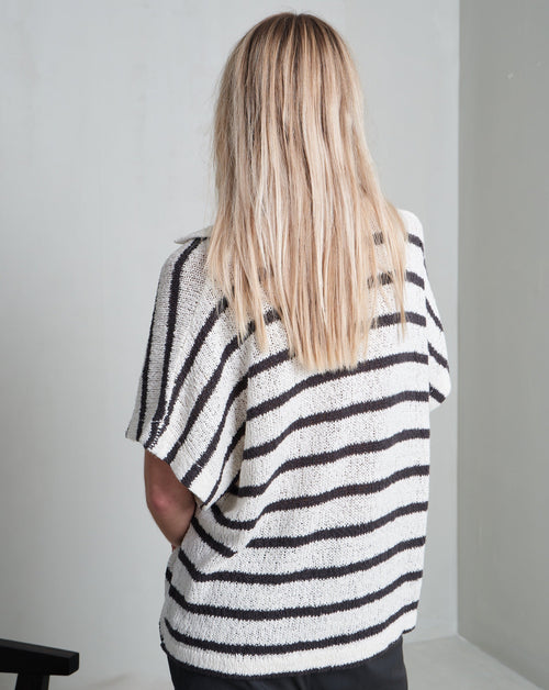 Black and White Striped Short - Sleeved Knit Sweater