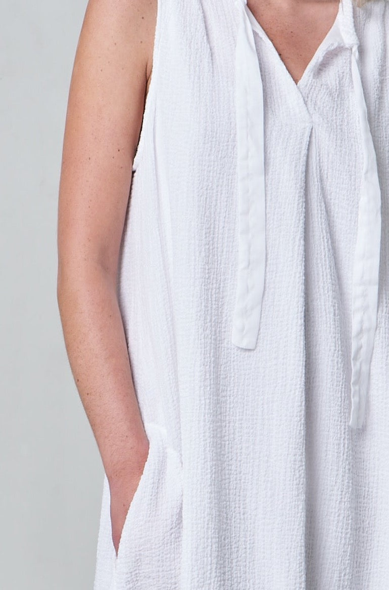 White Sleeveless Tie - Neck Loose - Fit Mid - Length Dress