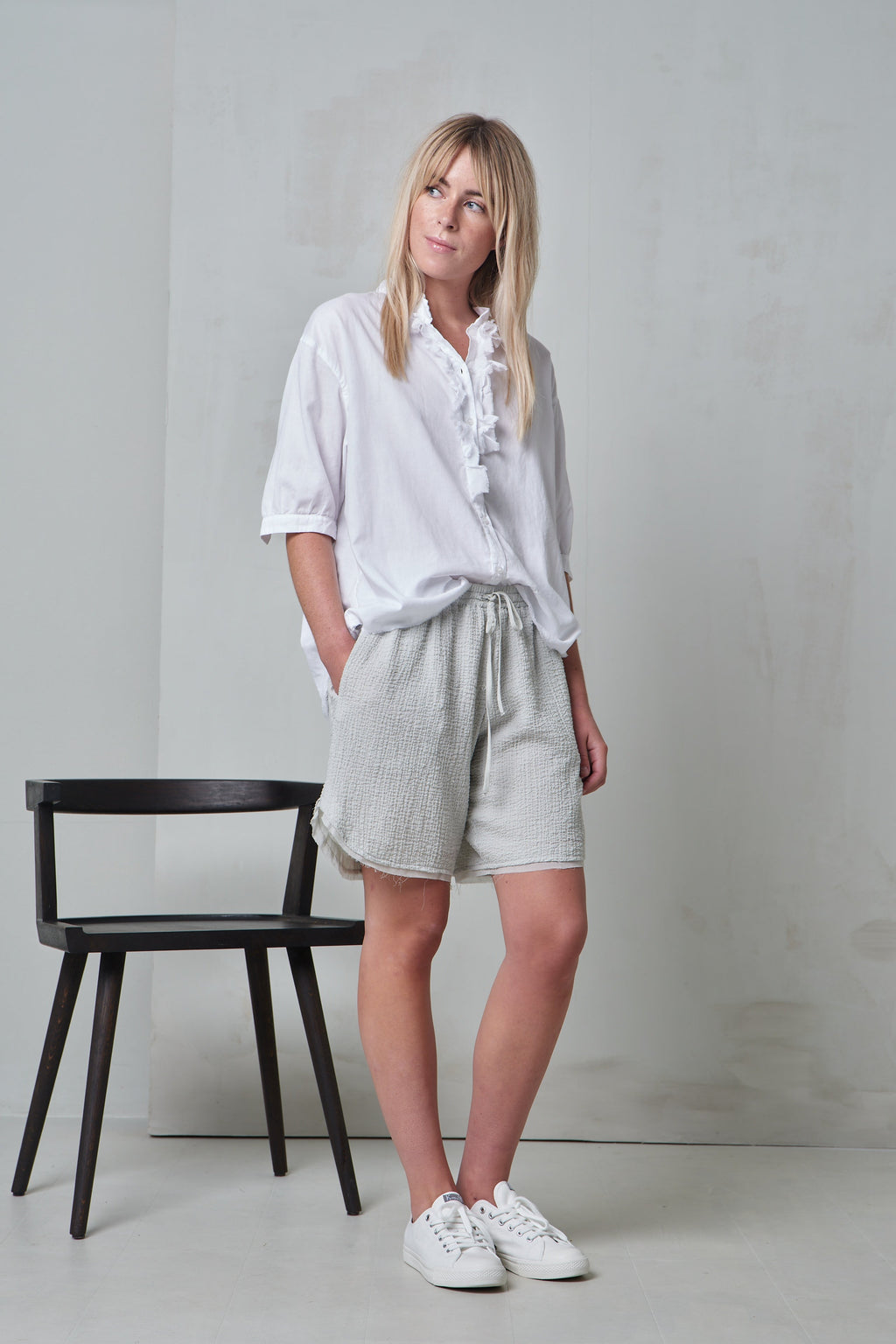 White Loose-Fit Shirt with Ruffled Details